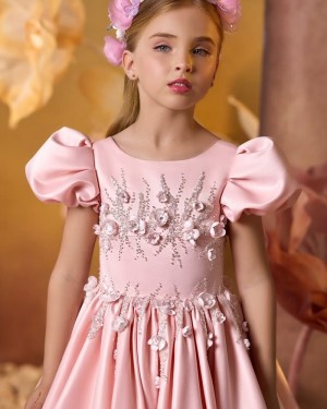 Jewel Satin Pink Beaded Girls Pageant Dress with Puff Sleeves GP1079