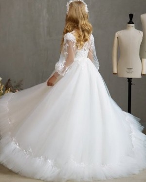 Lace Bodice Jewel Tulle White Flower Girl Dress with Long Sleeves GP1080