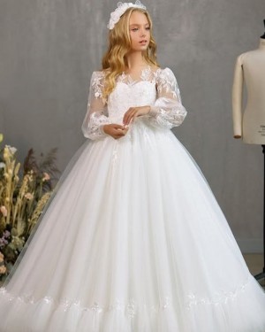 Lace Bodice Jewel Tulle White Flower Girl Dress with Long Sleeves GP1080