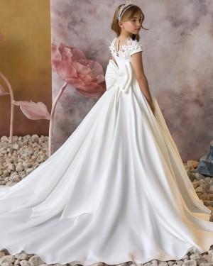 Ivory Jewel Lace Applique Satin Flower Girl Dress with Short Sleeves GP1082