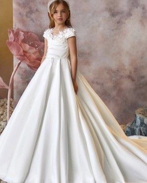 Ivory Jewel Lace Applique Satin Flower Girl Dress with Short Sleeves GP1082