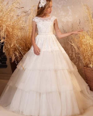 Beaded Sheer Neckline Ivory Flower Girl Dress with Layered Skirt GP1083