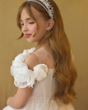 Ivory Off the Shoulder Tulle Flower Girl Dress with Handmade Flowers GP1084
