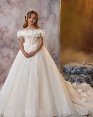 Ivory Off the Shoulder Tulle Flower Girl Dress with Handmade Flowers GP1084