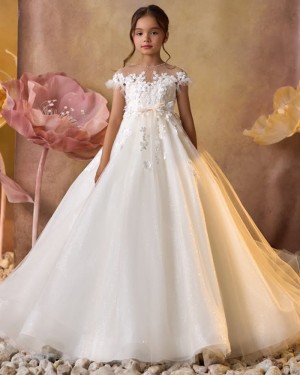 Lace Applique Sheer Neckline Sparkle Flower Girl Dress with Short Sleeves GP1087
