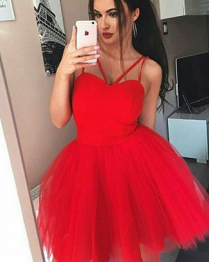 Simple Red Double Spaghetti Straps Homecoming Dress with Tulle Skirt HD3354