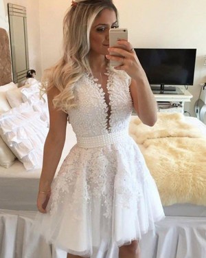 White Beading and Appliqued Amazing Round Neck Homecoming Dress HD3361