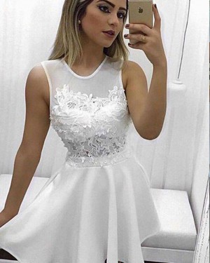 White Chiffon A-line High Neck Appliqued Homecoming Dress HD3362