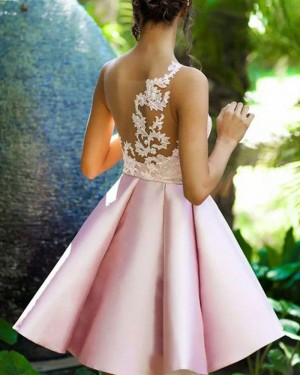 One Shoulder Pink Satin Lace Appliqued Bodice Homecoming Dress HD3367