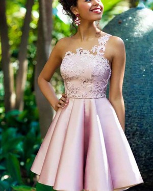 One Shoulder Pink Satin Lace Appliqued Bodice Homecoming Dress HD3367