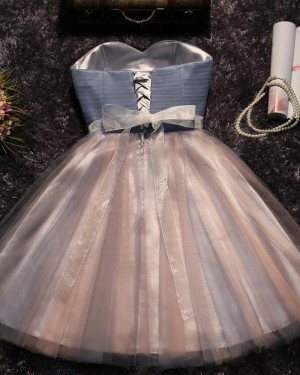 Grey and Pink Ruched Sweetheart Beading Tulle Short Party Dress HD3370