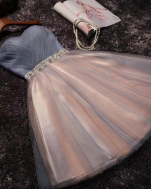Grey and Pink Ruched Sweetheart Beading Tulle Short Party Dress HD3370