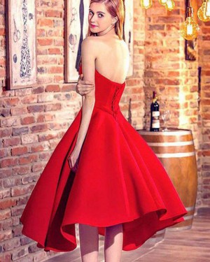 Red High Low Sweetheart Satin Formal Party Dress HD3376