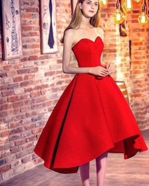 Red High Low Sweetheart Satin Formal Party Dress HD3376