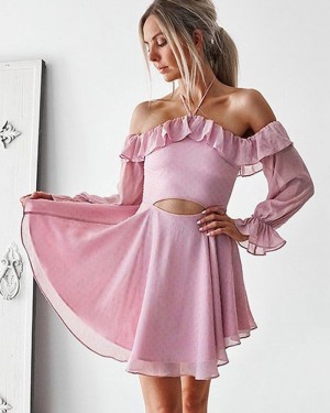 Lavender Cutout Halter Chiffon Homecoming Dress with Long Sleeves HD3380