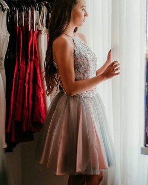 Pink and Grey Halter Neck Two Piece Lace Bodice Homecoming Dress HD3384