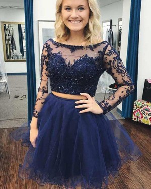Navy Blue Beading Two Piece Embroidery Homecoming Dress with Long Sleeves HD3387