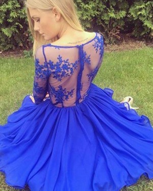 Blue Satin V-neck Lace Bodice Homecoming Dress with Long Sleeves HD3391