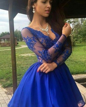 Blue Satin V-neck Lace Bodice Homecoming Dress with Long Sleeves HD3391