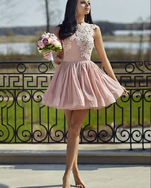 Pink Pleated High Neck Appliqued Homecoming Dress HD3404