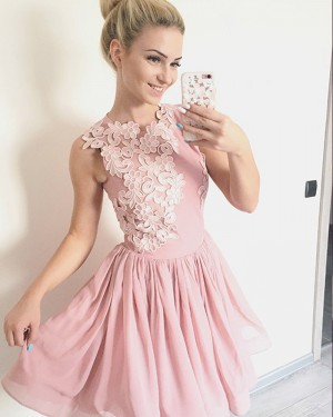 Pink Pleated High Neck Appliqued Homecoming Dress HD3404