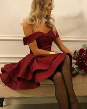 Simple Red Layered Off the Shoulder Satin Homecoming Dress HD3405