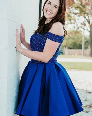 Blue Beading Two Piece Off the Shoulder Pleated Homecoming Dress HD3410