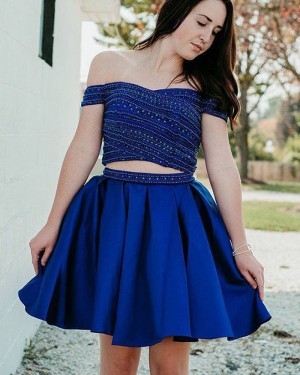 Blue Beading Two Piece Off the Shoulder Pleated Homecoming Dress HD3410