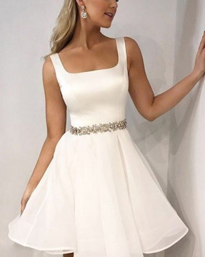 Simple White Square Satin Homecoming Dress with Beading Belt HD3418