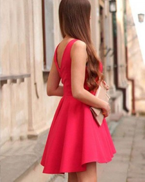 Simple Red Satin V-neck Homecoming Dress for School Dance HD3425