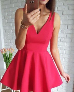 Simple Red Satin V-neck Homecoming Dress for School Dance HD3425