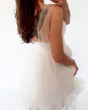 Sheer White Pleated Tulle Lace Appliqued Bodice Homecoming Dress HD3428