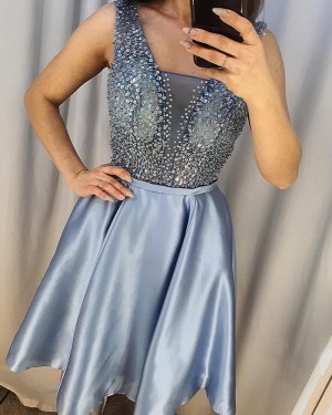 Sky Blue V-neck Beading Bodice Homecoming Dress HD3480