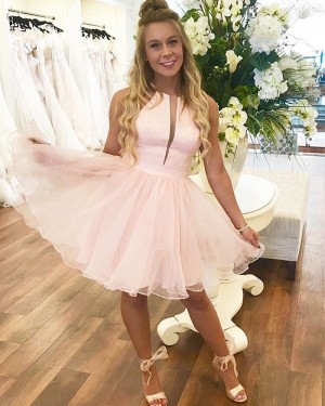 Pearl Pink A-line Jewel Neck Homecoming Dress with Polka Dot Skirt HD3482