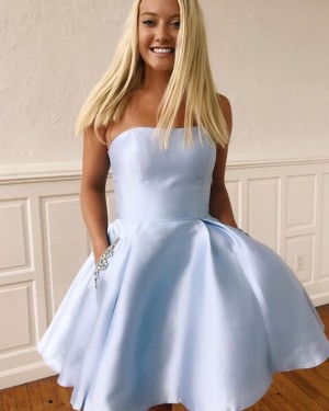 Simple Satin Short Strapless Homecoming Dress with Beading Pockets HD3490