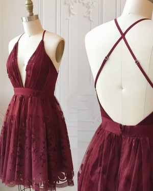 Burgundy Lace Deep V-neck Homecoming Dress HD3500