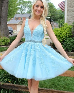 Light Blue V-neck Lace Appliqued Homecoming Dress with Beading Belt HD3504