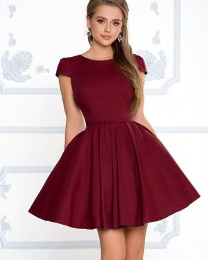 Simple Burgundy Jewel Pleated Homecoming Dress with Short Sleeves HD3505