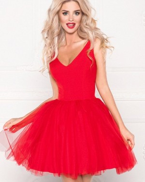 Simple V-neck Red Homecoming Dress with Tulle Skirt HD3506