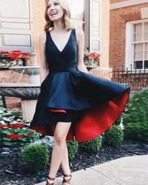 Simple Satin V-neck Black & Red Homecoming Dress with Pockets HD3510