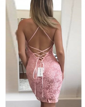 Lace Bodycon Halter Pink Homecoming Dress HD3511