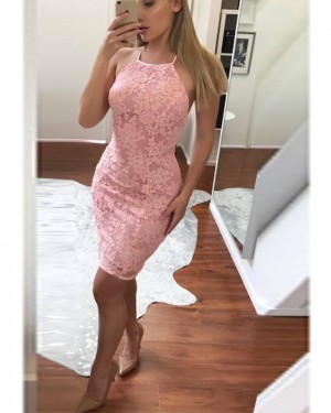 Lace Bodycon Halter Pink Homecoming Dress HD3511