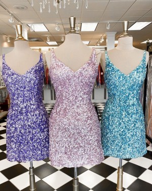 V-neck Lavender Sequin Sheath Tight Short Homecoming Dress NHD3521