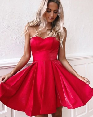 Simple Pleated Sweetheart Red Homecoming Dress HD3525
