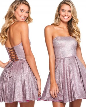 Purple A-line Strapless Sparkle Pleated Homecoming Dress HD3527