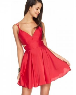 Simple Double Spaghetti Straps Red Cutout Homecoming Dress HD3530