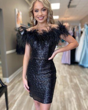 Off the Shoulder Black Sequin Tight Short Homecoming Dress with Feather NHD3531