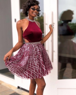 Velvet Bodice High Neck Burgundy Homecoming Dress with Sparkle Skirt HD3536