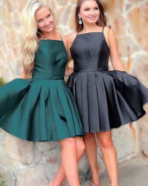 Green Satin Spaghetti Straps Pleated Homecoming Dress HD3537