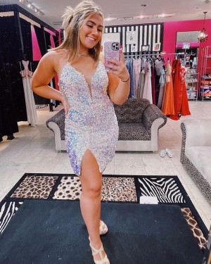 Spaghetti Straps Sequin Tight Short Homecoming Dress with Side Slit NHD3542